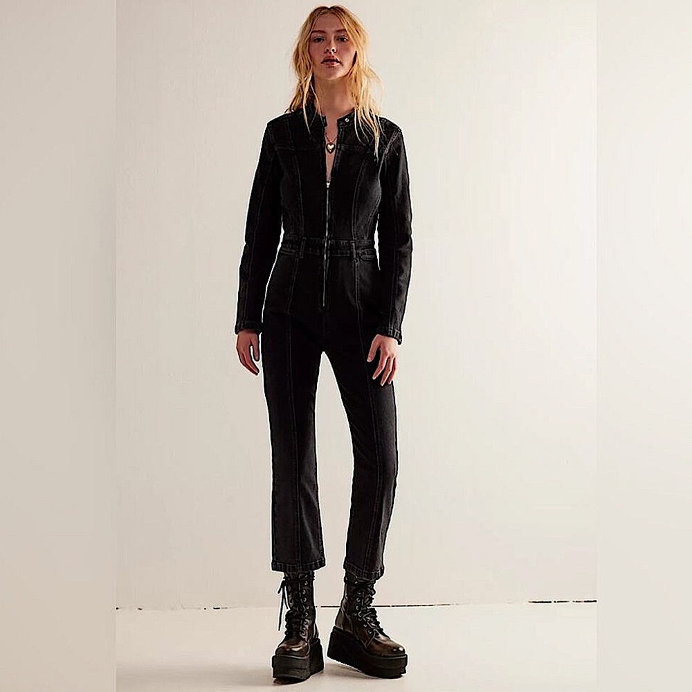 NWOT Free People NEW Small We The Free Jaded One Piece denim jumpsuit bl…